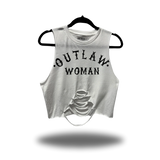 OUTLAW WOMAN ROAD RASH MIDEL SPINE WHITE BELLY CROP TANK