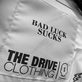 ESSENTIAL BAD LUCK SUCKS WHITE BUTTON UP