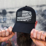 USA FLAG WHITE CURVED BILL BLACK HAT