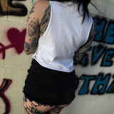 ROAD RASH WHITE HEART CUT AND SIDE BRAID CROP TANK