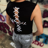 ROAD RASH STITCHED WHITE CROSS BLACK CROP TOP
