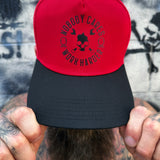 NOBODY CARES BLACK & RED CURVED BILL TRUCKER HAT