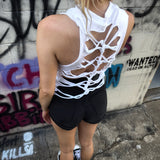 ROAD RASH DIAMOND CUT BRAIDED SPINE WHITE CROP TANK