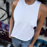 ROAD RASH BACK SLASHED AND BRAIDED WHITE CROP TANK TOP