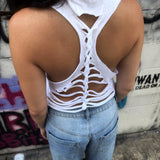 ROAD RASH BACK SLASHED AND BRAIDED WHITE CROP TANK TOP