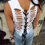ROAD RASH BRAIDED BACK WHITE CROP TANK TOP