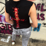 ROAD RASH STITCHED RED CROSS BLACK CROP TOP