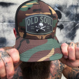 OLD SOUL SKULL RETRO TRUCKER GREEN CAMO HAT