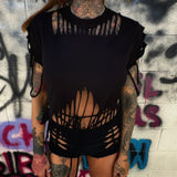 ROAD RASH FRONT FRINGE BLACK CROP TOP