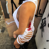 ROAD RASH V CUT AND RAZOR BACK WHITE TANK TOP
