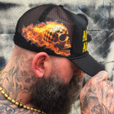 AGAINST ALL ODDS FLAMING RACING SKULL CURVED BILL BLACK HAT