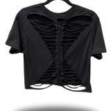 ROAD RASH BACK SLASHED BRAIDED BLACK CROP TOP