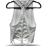 ROAD RASH BACK SLASHED AND BRAIDED WHITE CROP TANK TOP