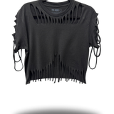 ROAD RASH FRONT FRINGE BLACK CROP TOP