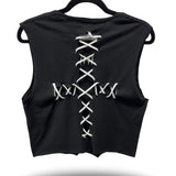 ROAD RASH STITCHED WHITE CROSS BLACK CROP TOP