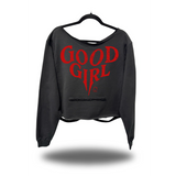 GOOD GIRL ROAD RASH SLASH X BLACK CROP WIDENECK HOODIE