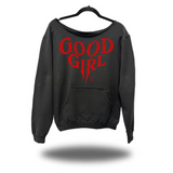 GOOD GIRL ROAD RASH DIAMOND CROSS BLACK WIDENECK HOODIE