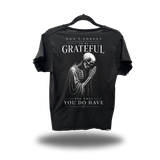 BE GRATEFUL ROAD RASH RAW EDGE BLACK TEE