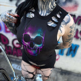 NEON SKULL ROAD RASH BACK CUT BLACK CROP TANK