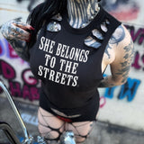 SHE BELONGS ROAD RASH BACK CUT BLACK CROP TANK