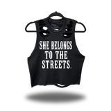 SHE BELONGS ROAD RASH BACK CUT BLACK CROP TANK