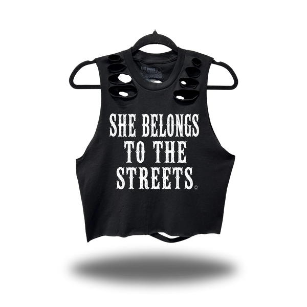 SHE BELONGS ROAD RASH BACK CUT BLACK CROP TANK