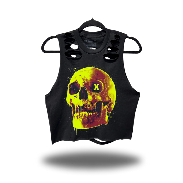 X SKULL ROAD RASH BACK CUT BLACK CROP TANK