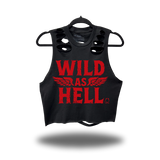 WILD AS HELL ROAD RASH BACK CUT BLACK CROP TANK