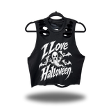 I LOVE HALLOWEEN ROAD RASH BACK CUT BLACK CROP TANK
