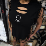 NO FUCKS GIVEN WESTERN FRINGE BLACK TEE *WHITE*