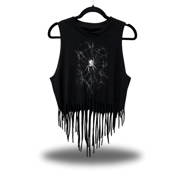SPIDER WEB WESTERN FRINGE CROP TANK TOP