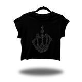 MIDDLE FINGER BLACK RHINESTONES MUSCLE CROP TOP