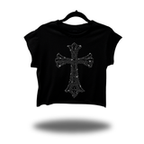 CROSS BLACK RHINESTONES MUSCLE CROP TOP