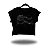 USA FLAG BLACK RHINESTONES MUSCLE CROP TOP