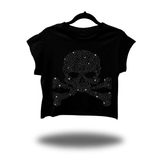 CROSSBONE SKULL BLACK RHINESTONES MUSCLE CROP TOP