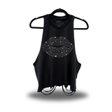 LIPS BLACK RHINESTONES ROAD RASH CROP TANK TOP