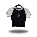 FU WHITE SLEEVE RAGLAN CROP TOP