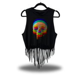 DRIP SKULL COLORFUL ABSTRACT WESTERN FRINGE CROP TANK TOP