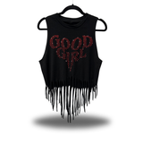 GOOD GIRL RED RHINESTONES WESTERN FRINGE CROP TANK TOP