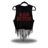 BAD B*TCH RED RHINESTONES WESTERN FRINGE CROP TANK TOP
