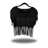 COWGIRLS ROCK BLACK RHINESTONE WESTERN FRINGE CROP TOP