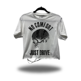 JUST DRIVE WHITE ROAD RASH CROP TOP