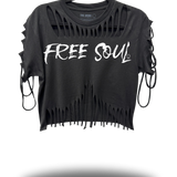 FREE SOUL - ROAD RASH FRONT FRINGE BLACK CROP TOP