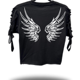 FREE SOUL - ROAD RASH FRONT FRINGE BLACK CROP TOP