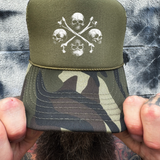 SKULLS & CROSSBONES FOAM CURVED BILL GREEN CAMO HAT