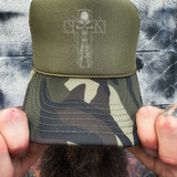 PRAYING CROSS FOAM CURVED BILL GREEN CAMO HAT