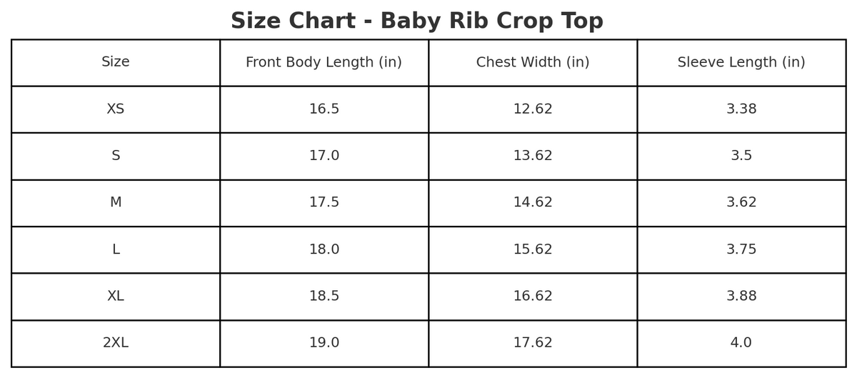 Tee size chart