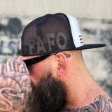 FAFO SIDE STYLE BLACK AND WHITE FLAT BILL HAT