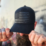 GULF OF AMERICA BLACK ON BLACK FLEXFIT COTTON HAT