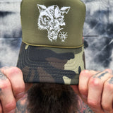 LONE WOLF HEAD FOAM CURVED BILL GREEN CAMO HAT